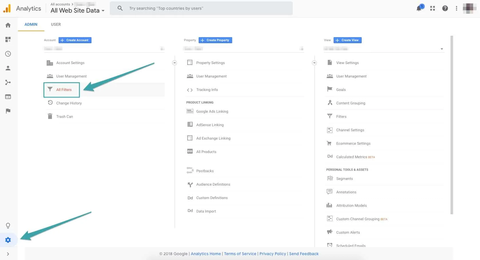 A screen capture of the Google Analytics admin portal, highlighting the All Filters section in the left column.