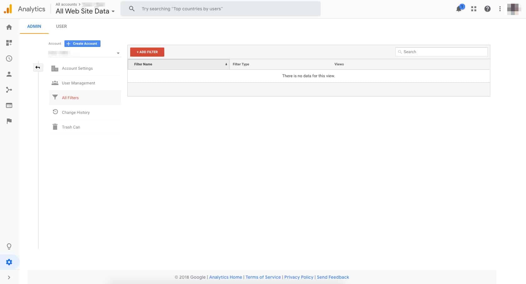 A screen capture of the Google Analytics admin portal, showing an empty filters page.