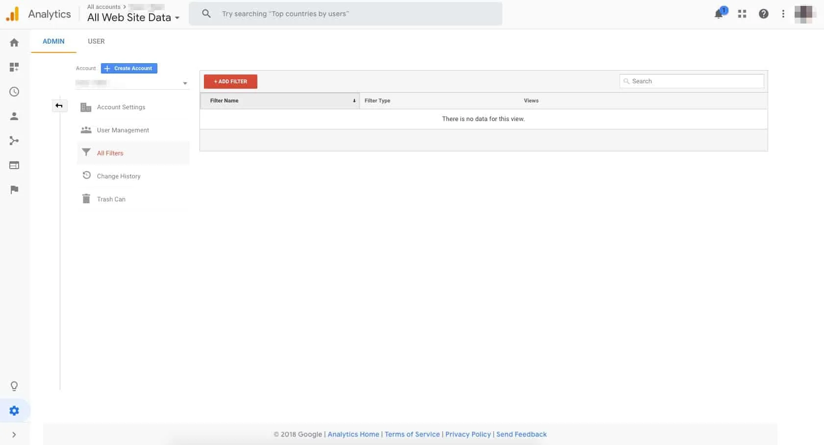 A screen capture of the Google Analytics admin portal, showing an empty filters page.