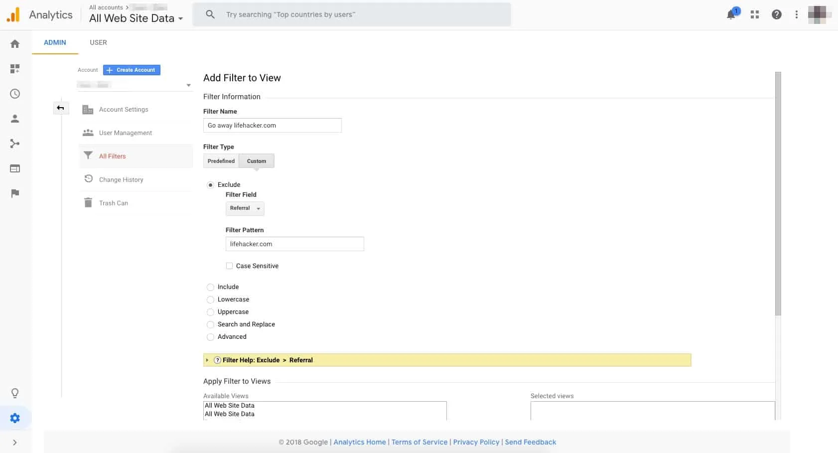 A screen capture of the Google Analytics admin portal, showing a detailed view of adding a filter.