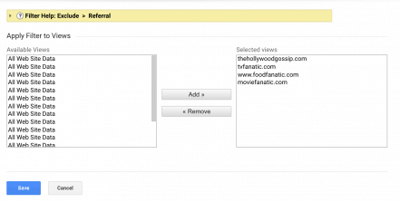 A screen capture of the Google Analytics admin portal, showing how to add and remove multiple filters to a search.
