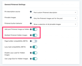 general pinterest settings with "add post pinterest image as hidden" and "multiple pinterest hidden images" highlighted