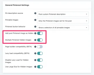 general pinterest settings with "add post pinterest image as hidden" and "multiple pinterest hidden images" highlighted