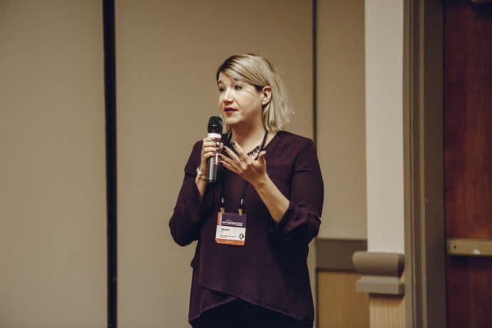 Jenny Guy, Mediavine Marketing Associate, speaking at the Outdoor Blogger Summit.