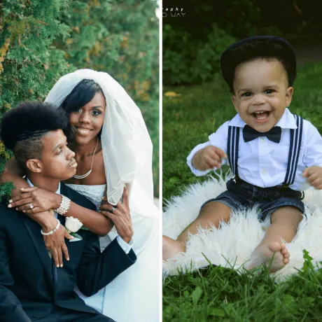 Latasha Peterson and husband on their wedding day (left), and her one year old son (right).