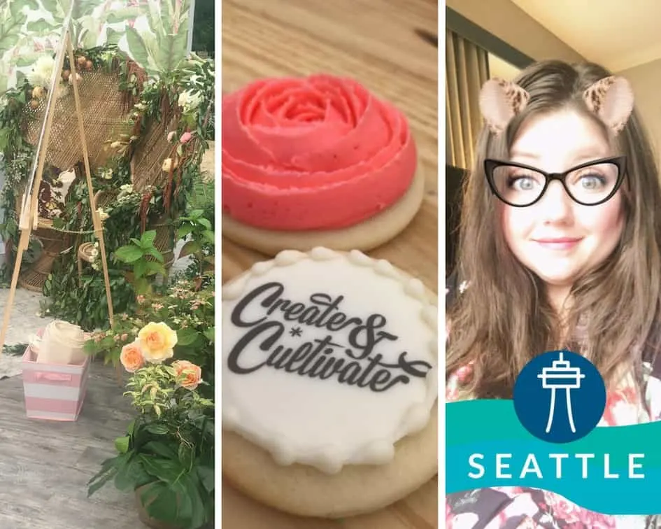 A collage of Create & Cultivate, featuring a photo backdrop, branded cookies, and a Seattle-themed selfie from Mediavine Publisher Support Director Nicole Johnson