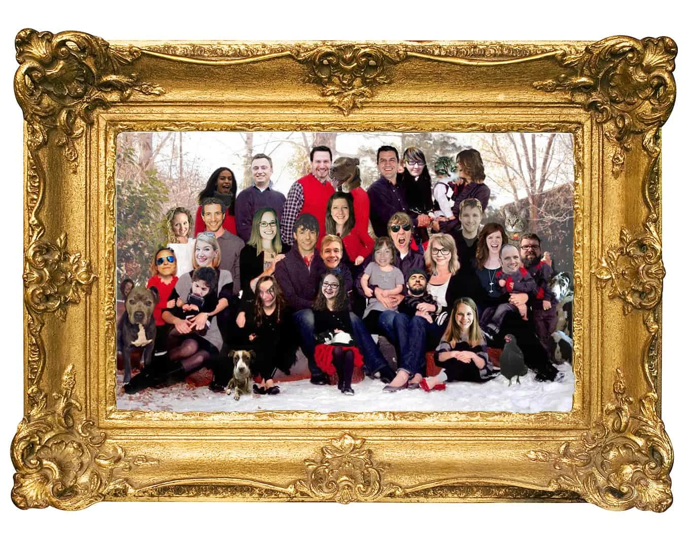 A photoshop of Mediavine team members' faces over a family Christmas photo.