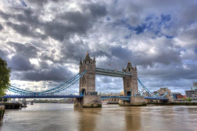 A photo of London Bridge on a slightly overcast day.