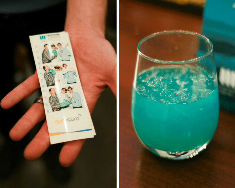Photo booth prints (left), and a teal traffic driver cocktail (right).