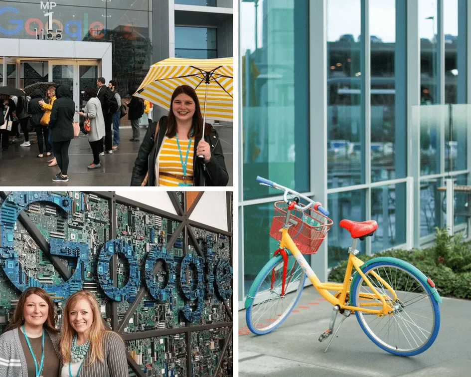 Mediavine attendees arriving at Google Mountain View (left); a Google bike (right).