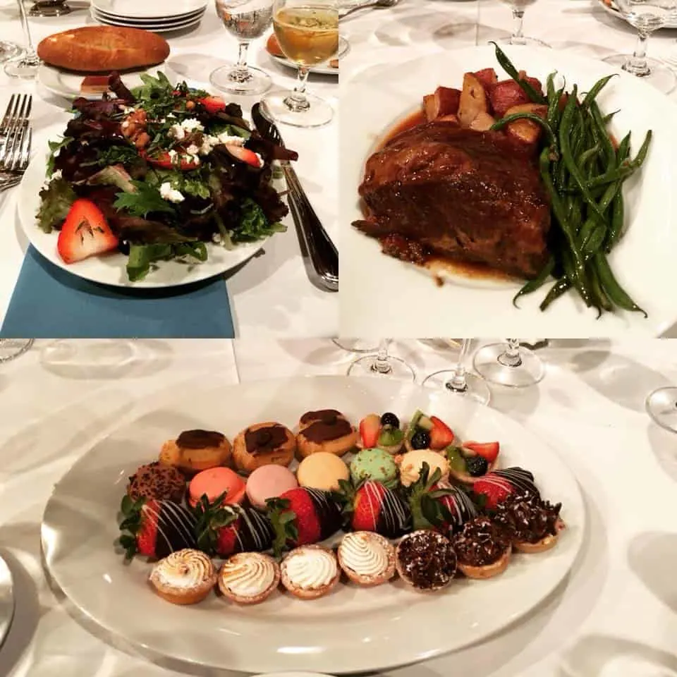 A sampling of different dinner options, from the salad, to the main course, to a dessert plate.