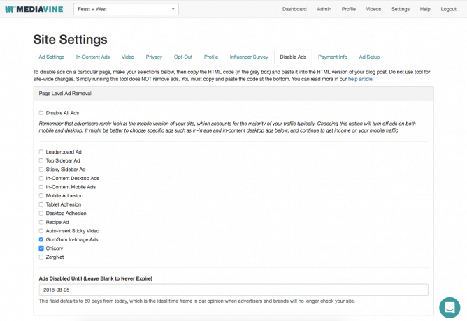 A screen capture of the Mediavine Dashboard Site Settings section.