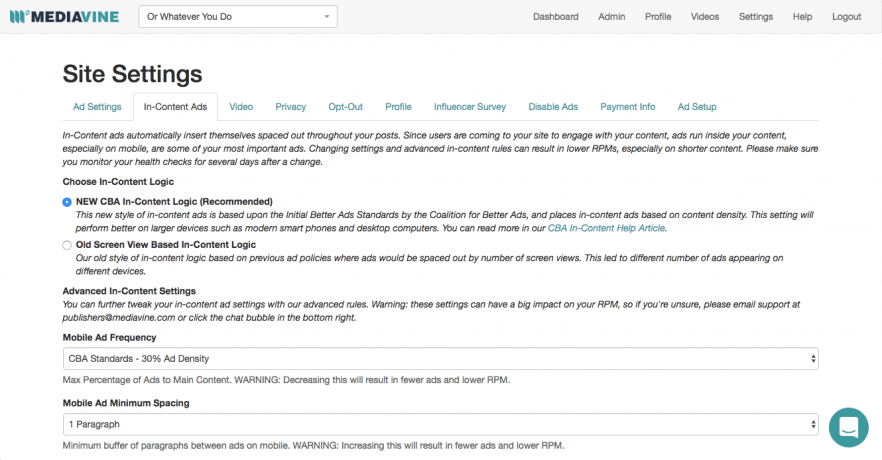 A screen capture of the Mediavine Dashboard showing the Site Settings section.