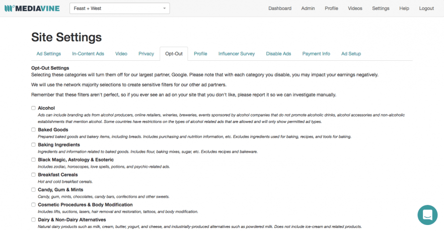 A screen capture of the Mediavine Dashboard Site Settings section.