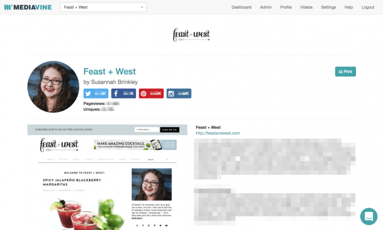 The Mediavine Dashboard home page for Feast + West.