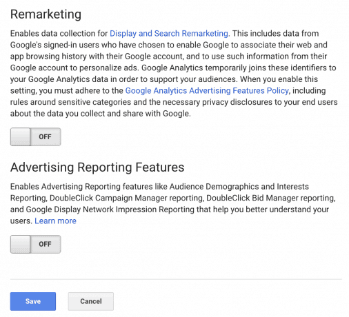 A screen capture of the Remarketing and Advertising Reporting Features sections in the Google Analytics admin panel