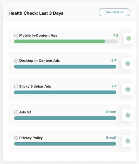 screenshot of Mediavine dashboard health checks