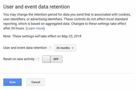 Screen capture of the user and event data retention section in in the Google Analytics admin panel.