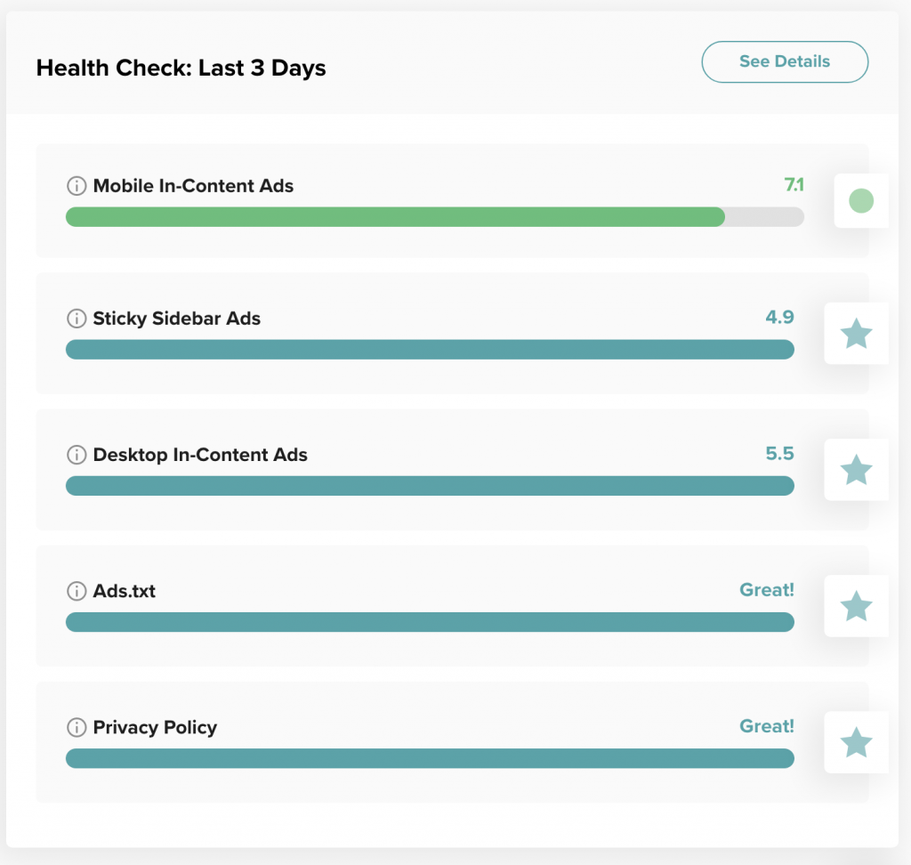 screenshot of site health that is almost all teal but needs a little improvement in the mediavine dashboard