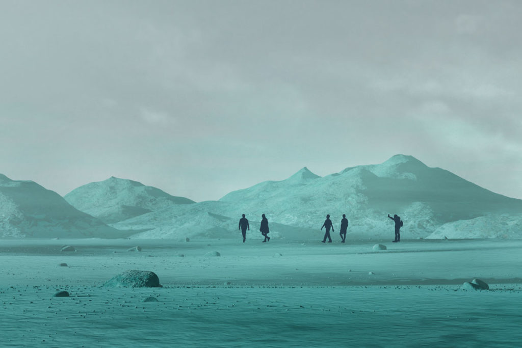 people walking on a teal planet