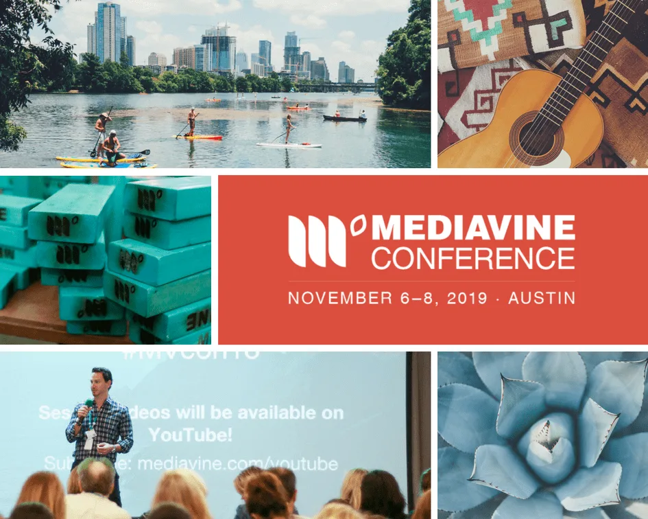 A collage of Texan-themed items around a block of text reading "Mediavine Conference - November 6 - 8, 2020 - Austin"