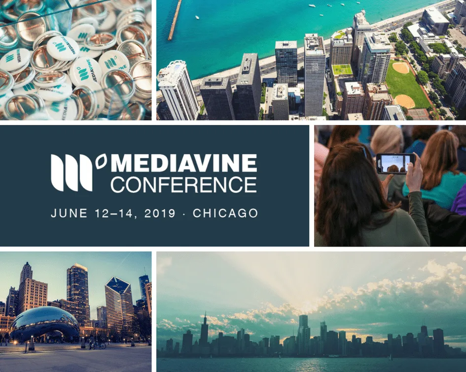 A collage of Chicago landmarks, around a block of text reading "Mediavine Conference - June 12  14, 2020 - Chicago"