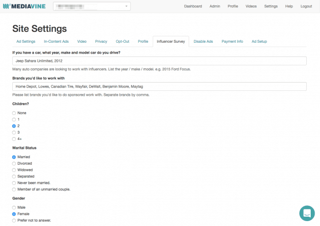 A screen capture of the Site Settings section of the Mediavine Dashboard.