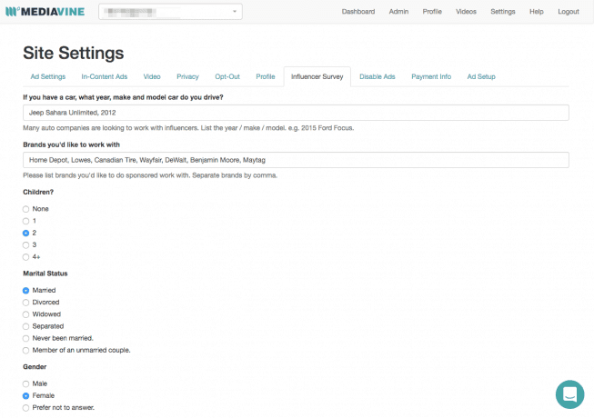 A screen capture of the Site Settings section of the Mediavine Dashboard.