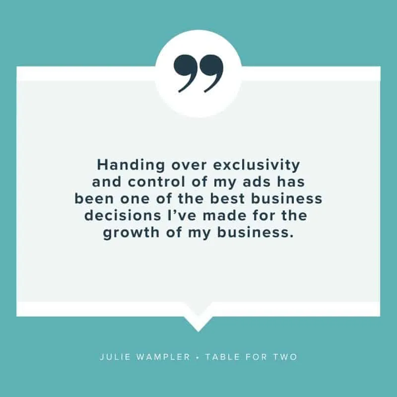 "Handing over exclusivity and control of my ads has been one of the best business decisions I've made for the growth of my business." - Julie Wampler, Table for Two