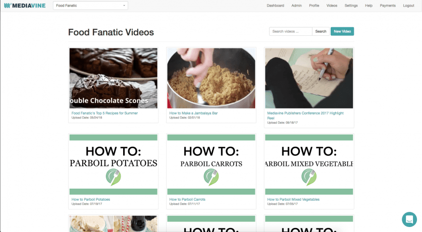 A screen capture of Food Fanatic's videos tab on the Mediavine Dashboard.