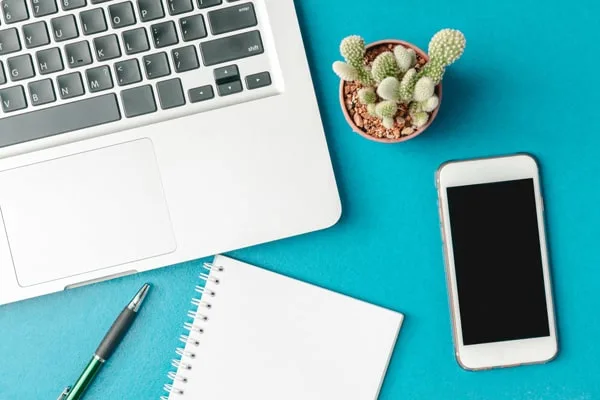 A laptop computer sits on a teal background, along with a notebook and pen, a smart phone, and a small potted cactus.