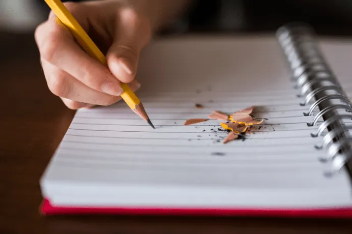 Someone writing in a red notebook.