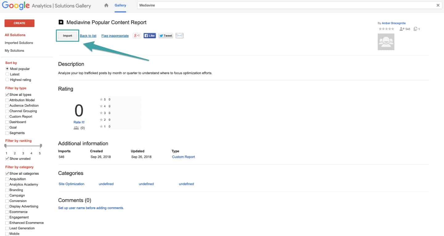 A screenshot of Google Analytics, highlighting the "Import" button.