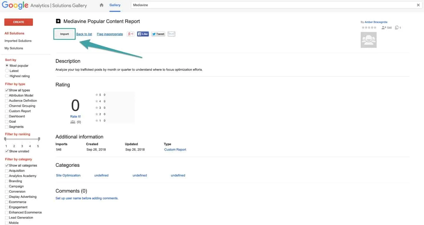 A screenshot of Google Analytics, highlighting the "Import" button.