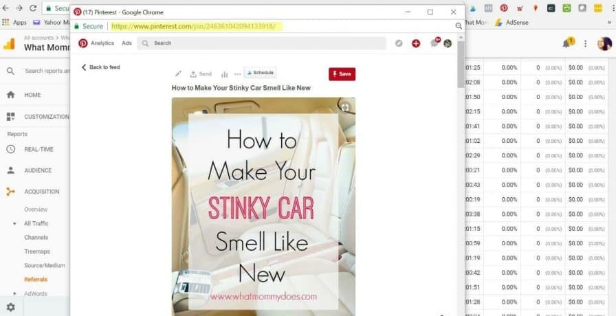 A screenshot of the Pinterest interface, showing a pin for "How to make your stinky car smell like new" from What Mommy Does.