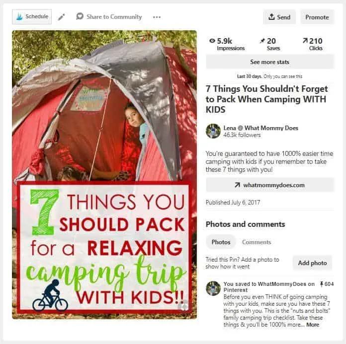 A pin for "7 things you should pack for a relaxing camping trip with kids", showing a Tailwind schedulign button, and all pin details (impressions, saves, clicks, etc.)