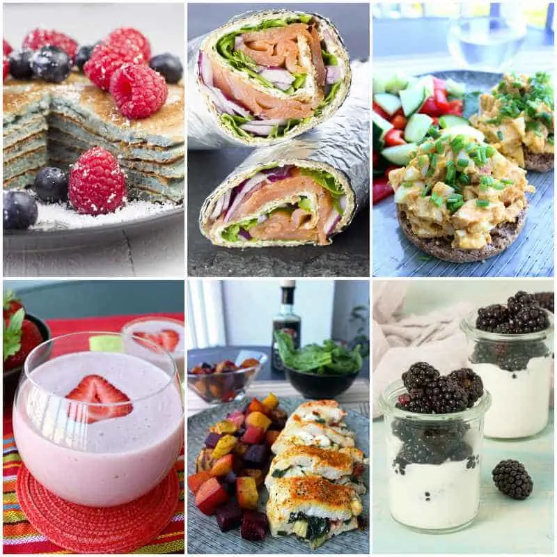 A collage of various foods - pancakes with berries, a lunch wrap, hors d'oeuvres, and soo on.