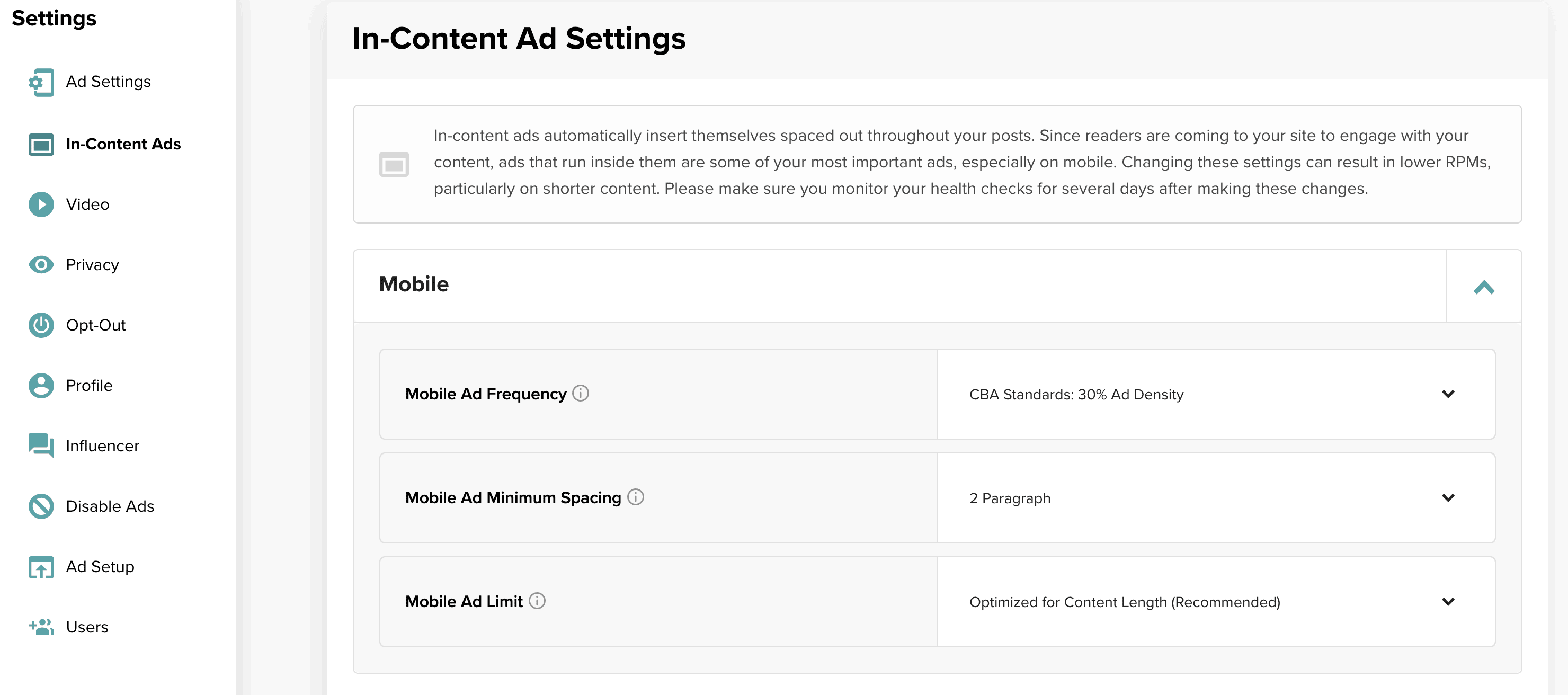 Screenshot of In-Content Ad Settings page in the Mediavine Dashboard