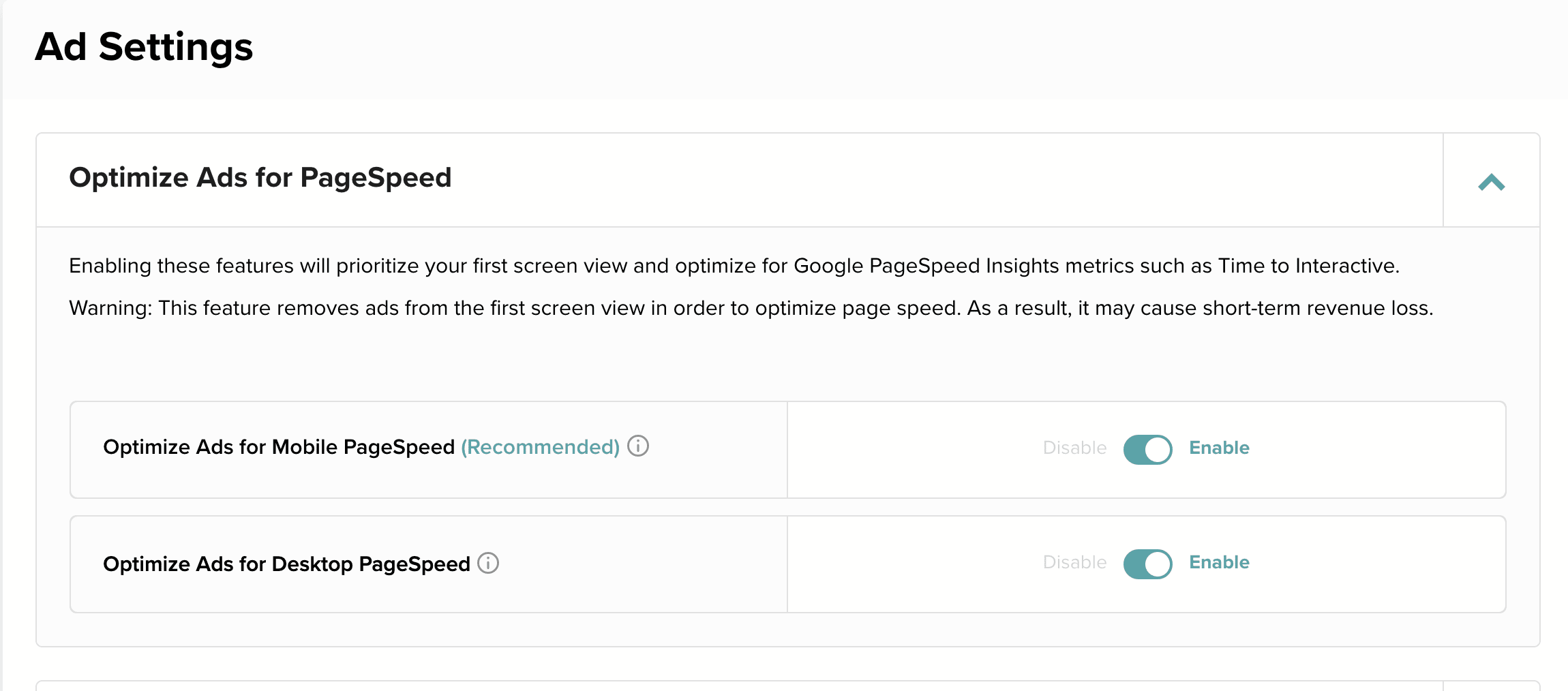 Screenshot of the Optimize Ads for PageSpeed settings in the Mediavine Dashboard