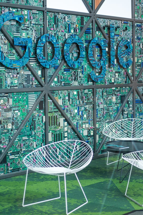 A Google sign made out of circuitboards at their Mountain View, CA campus.
