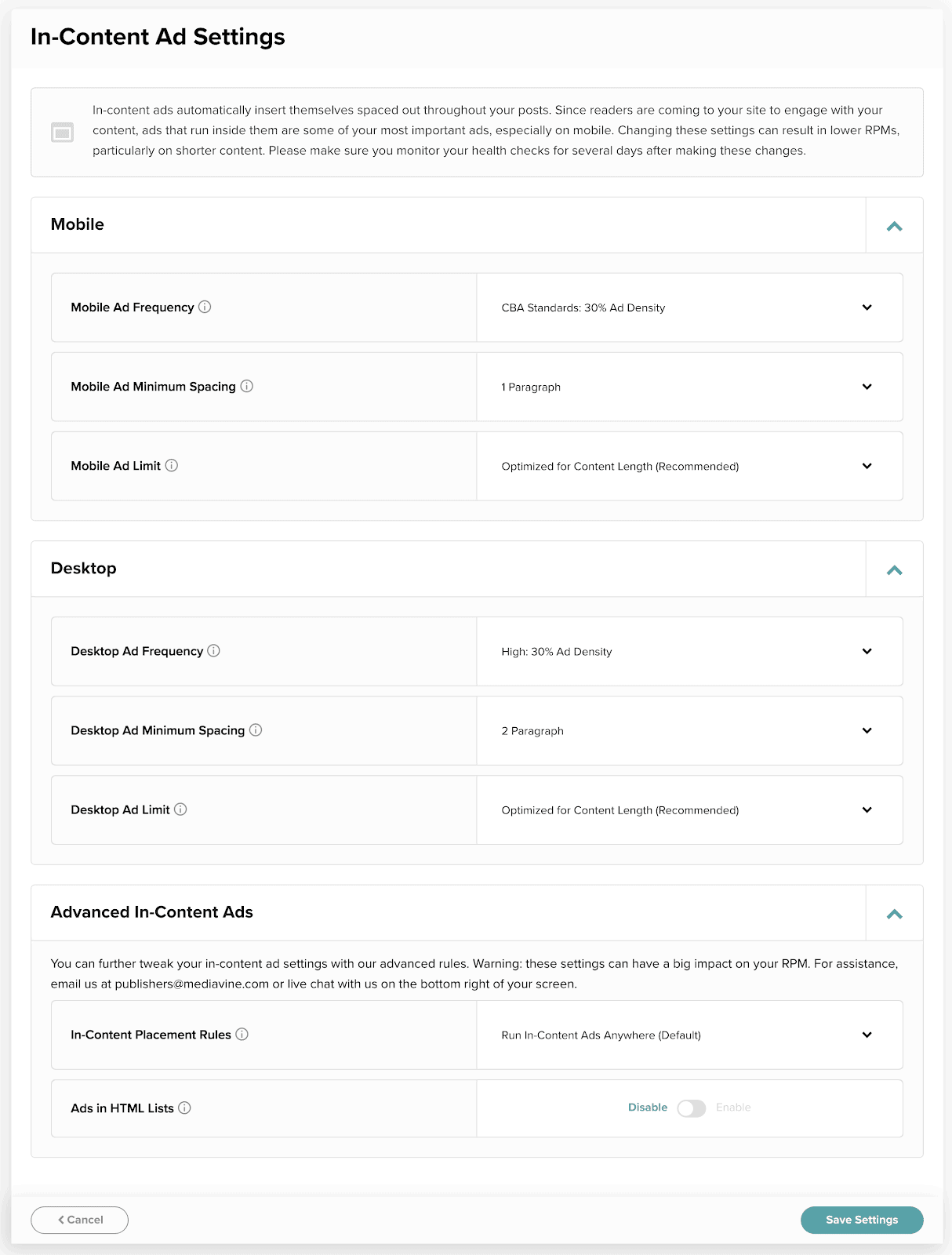 mediavine in-content ad settings