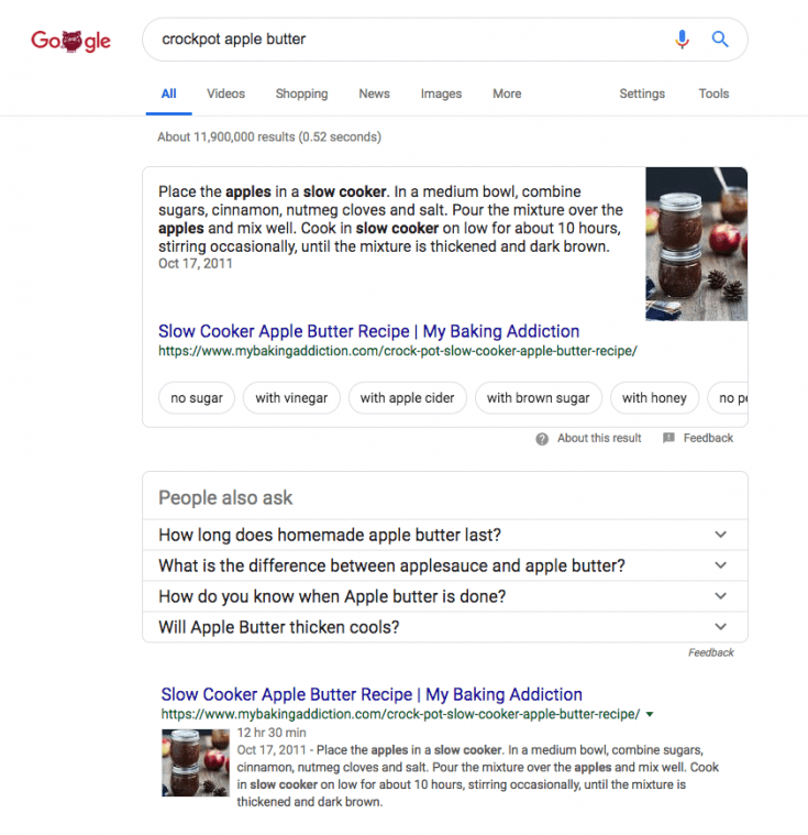 A desktop screenshot of the Google search results for Crockpot Apple Butter.