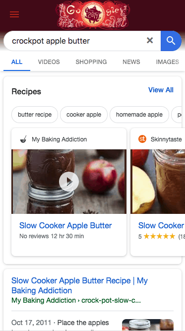 A mobile screenshot of the Google search results for Crockpot Apple Butter.