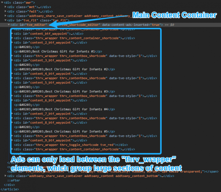 Another selection of code displayed. The top is labeled "Main Content Container", while the boxed lower section is labeled "Ads can only load between the "thrv_wrapper" elements, which group large sections of content."