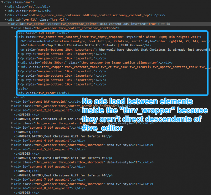 Another highlighted portion of code, this labeled: "No ads load between elements inside the "thrv_wrapper" because they aren't direct descendents of #tve_editor."