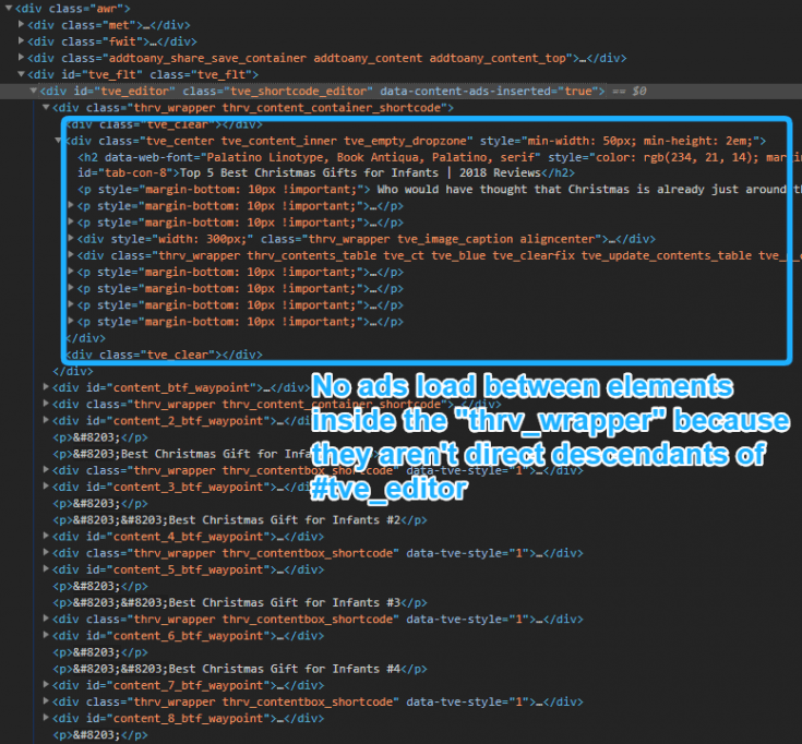 Another highlighted portion of code, this labeled: "No ads load between elements inside the "thrv_wrapper" because they aren't direct descendents of #tve_editor."