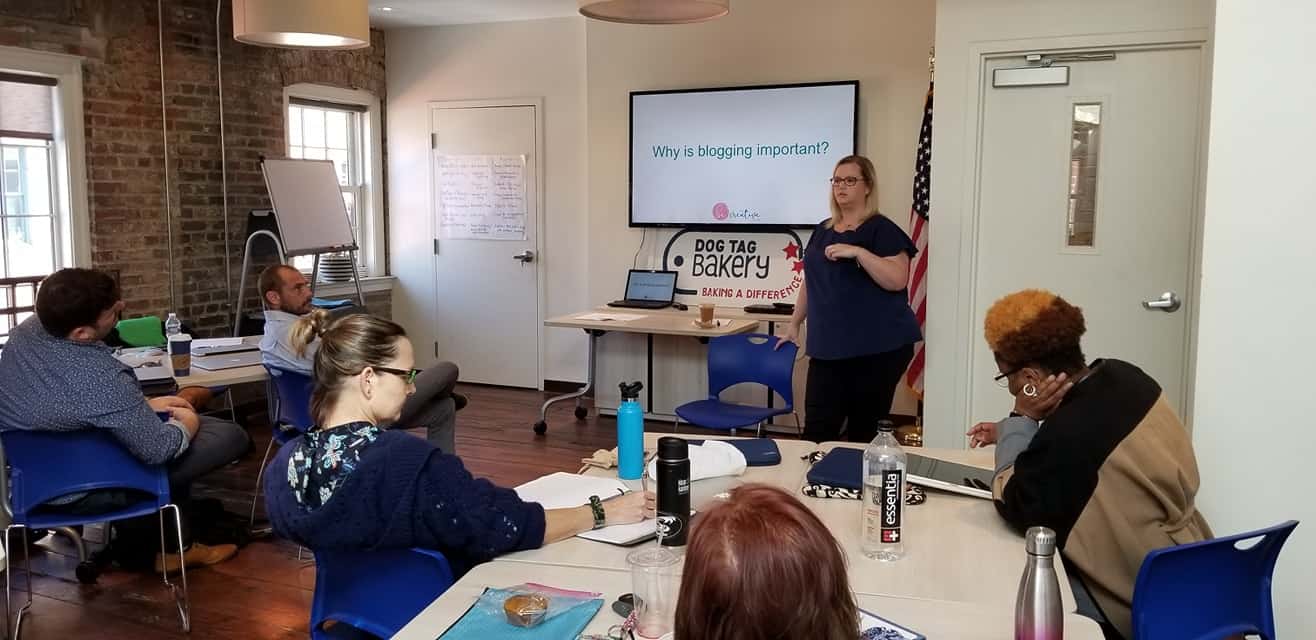 Betsy Eves at Dog Tag Bakery, teaching military spouses about blogging as a profession.