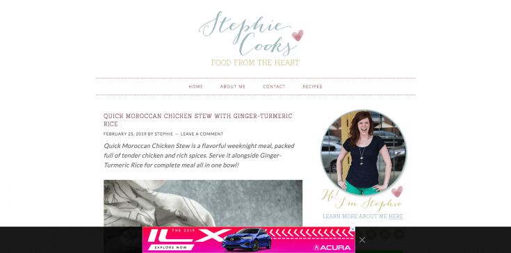 The home page of Stephie Cooks, showing the dark adhesion theme.