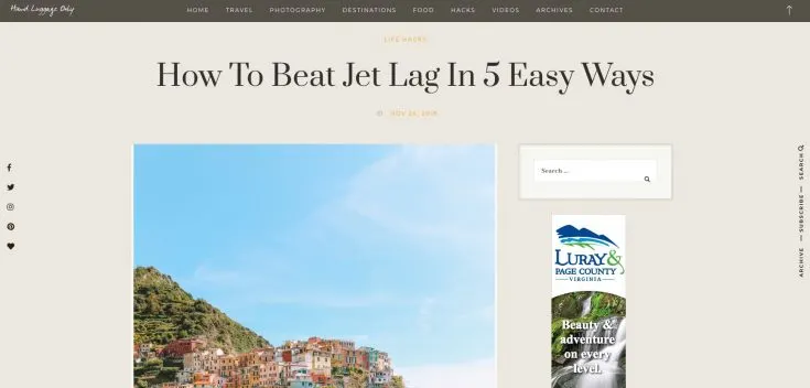 A screen capture of Hand Luggage Only's website, showing a post for "How to Beat Jet Lag in 5 Easy Ways".