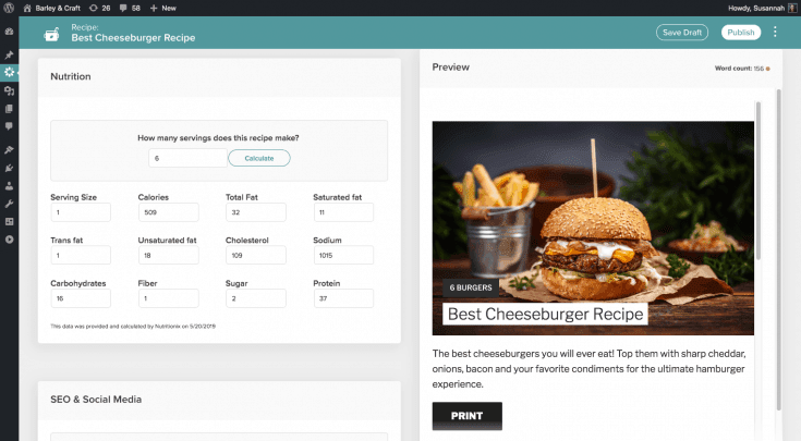 A screenshot of using the Nutrition calculator in the Create card back end.